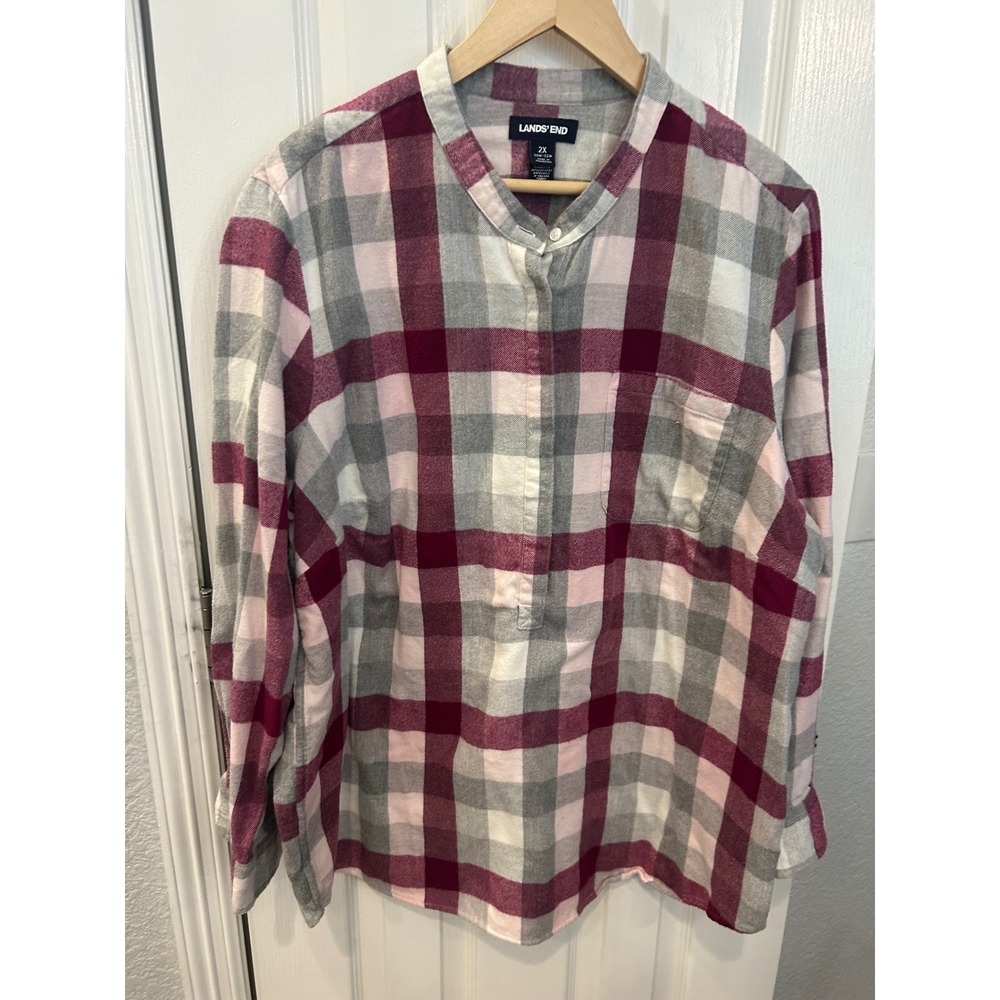 Lands End Womens 2X Flannel Shirt Burgundy Pink Plaid Mandarin Collar Henley Top
